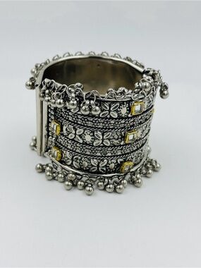 Silver-Tone Floral Cuff Bracelet with Yellow Accent Stones - Women Jewelry